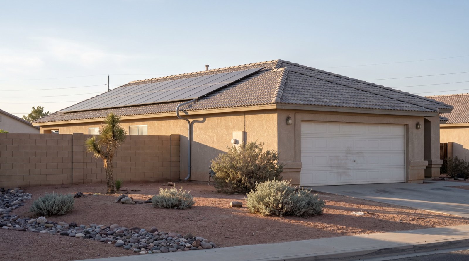 Illustration, not a real home: a single-story stucco tract home with a tile roof and a rooftop solar array, rock front yard, late afternoon
