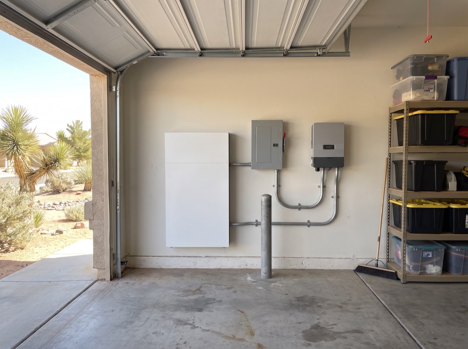 Illustration, unbranded equipment: a battery cabinet, a disconnect box and an inverter on a garage wall